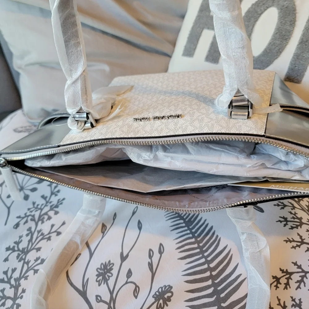 Michael Kors Metallic Silver and White Tote NWT